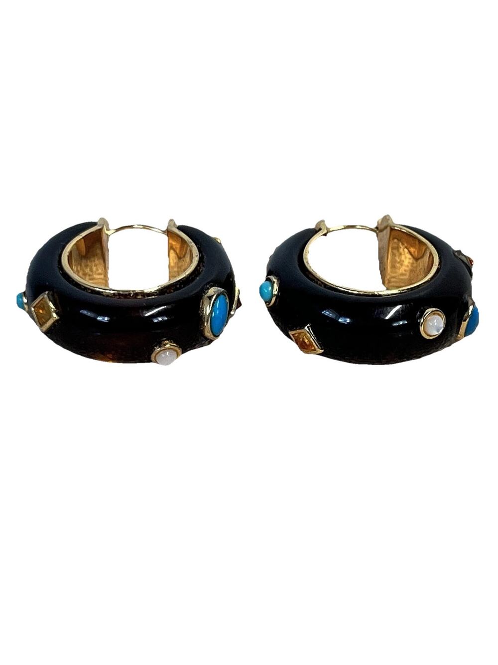 Vintage Resin Cabochon Earrings Set Black Turquoise Gold Round (#22B)